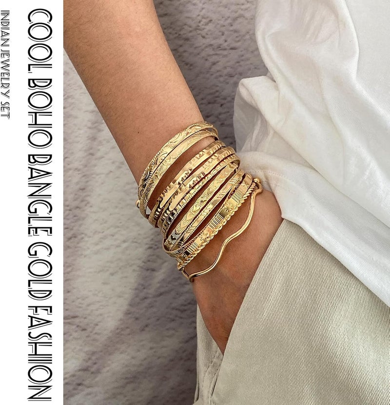 17IF Gold Bangle Bracelet For Women, 14k Multilayer Charm Textured Stackable Bracelets Boho Indian Chunky Cuff Fashion Jewelry Gift - Image 2